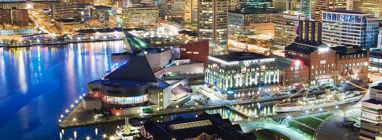 East view of Power Plant harbor at night