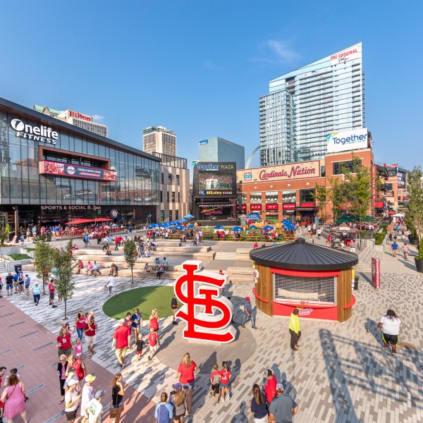 Elevated view of Together Credit Union Plaza at Ballpark Village in downtown St. Louis, perfect event space for festivals, concerts, community events.
