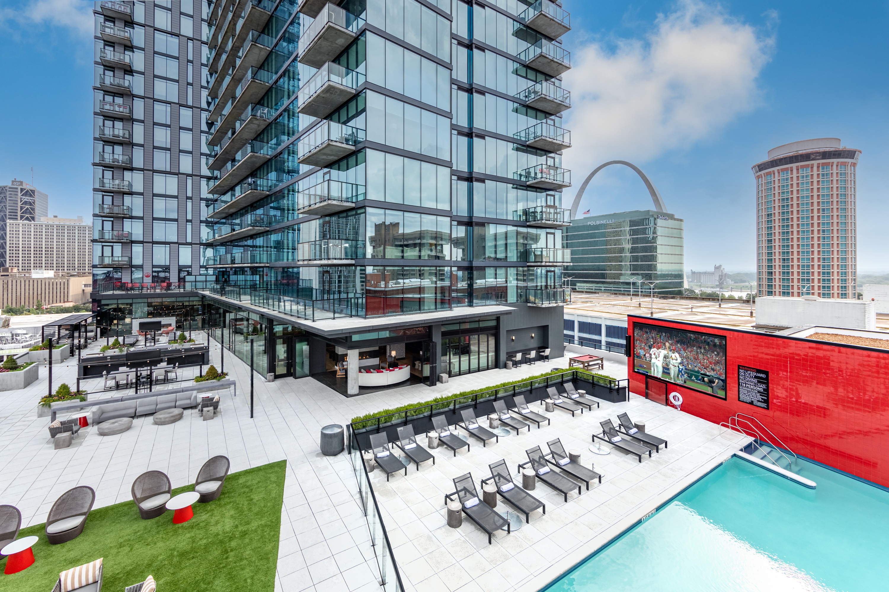 Moder outdoor pool with TVs overlooking at the Ballpark at One Cardinal Way
