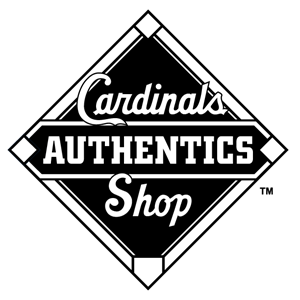 Cardinals Authentics white text against black baseball diamond graphic.