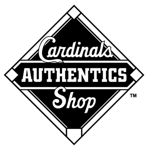 Cardinals Authentics white text against black baseball diamond graphic.