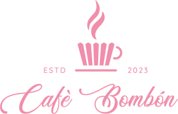 Cafe Bombon pink logo with cupcake mug and text.
