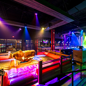 PBR Miami bull covered in strobe lights.