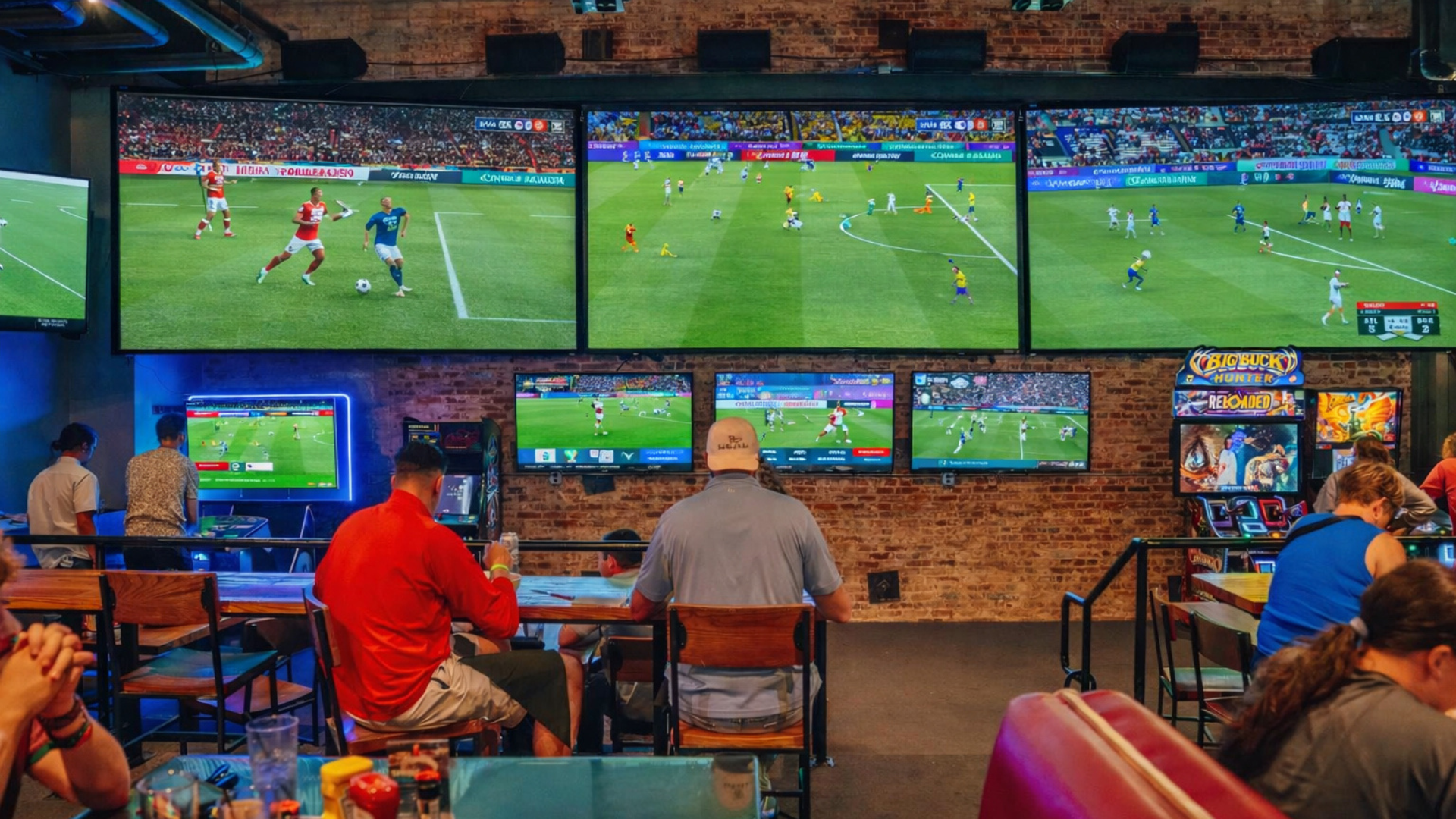 An image of people watching soccer on the big screens at Sports and Social.