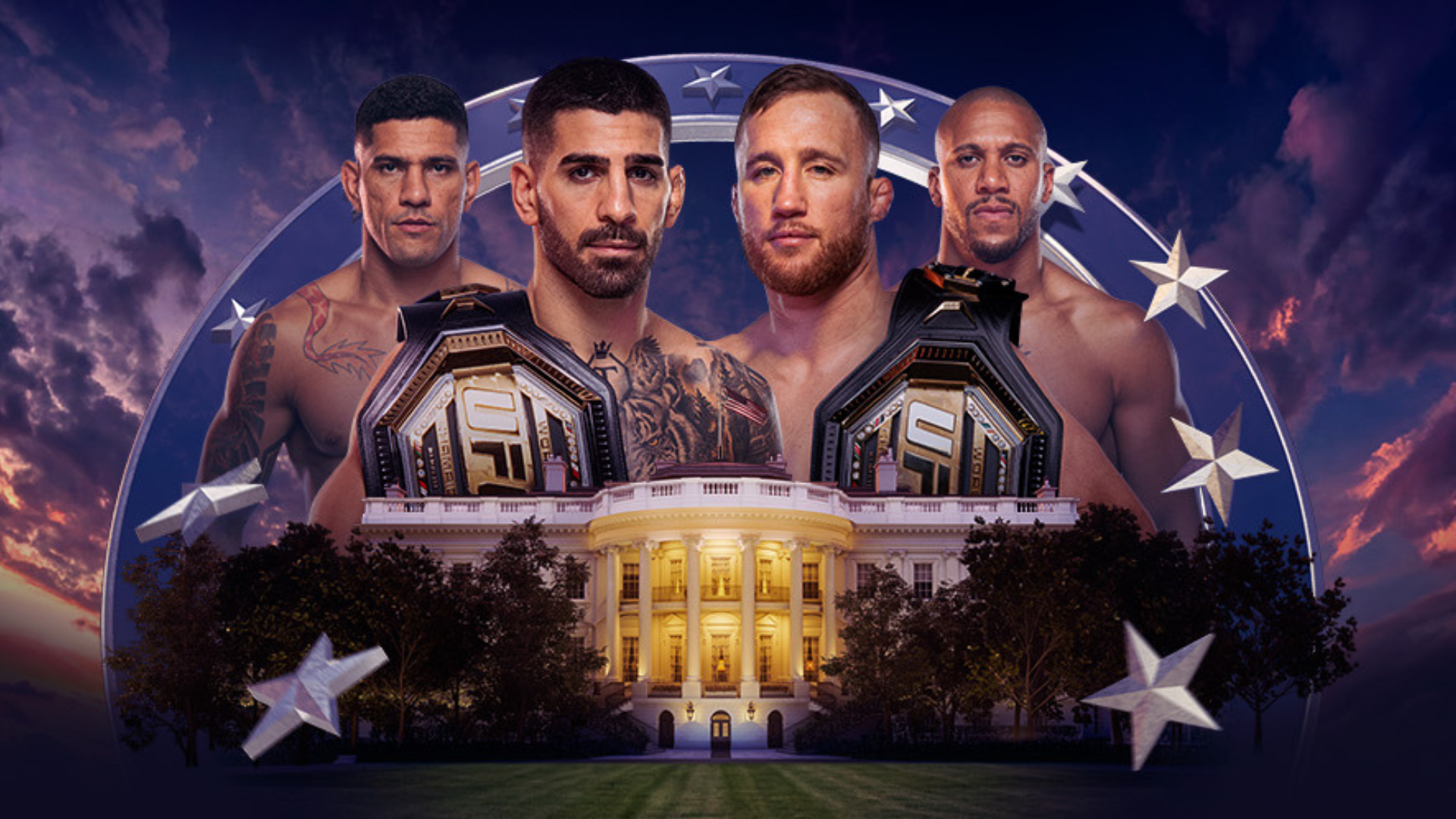 A graphic with the 4 main fighters posing who are fighting in UFC Freedom 250.