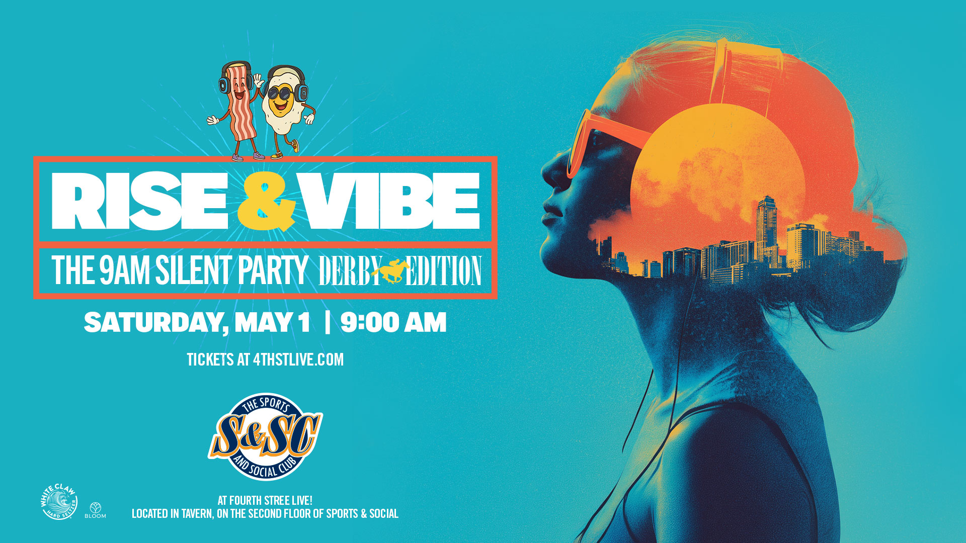 A graphic for Rise and Vibe, a silent disco brunch party.