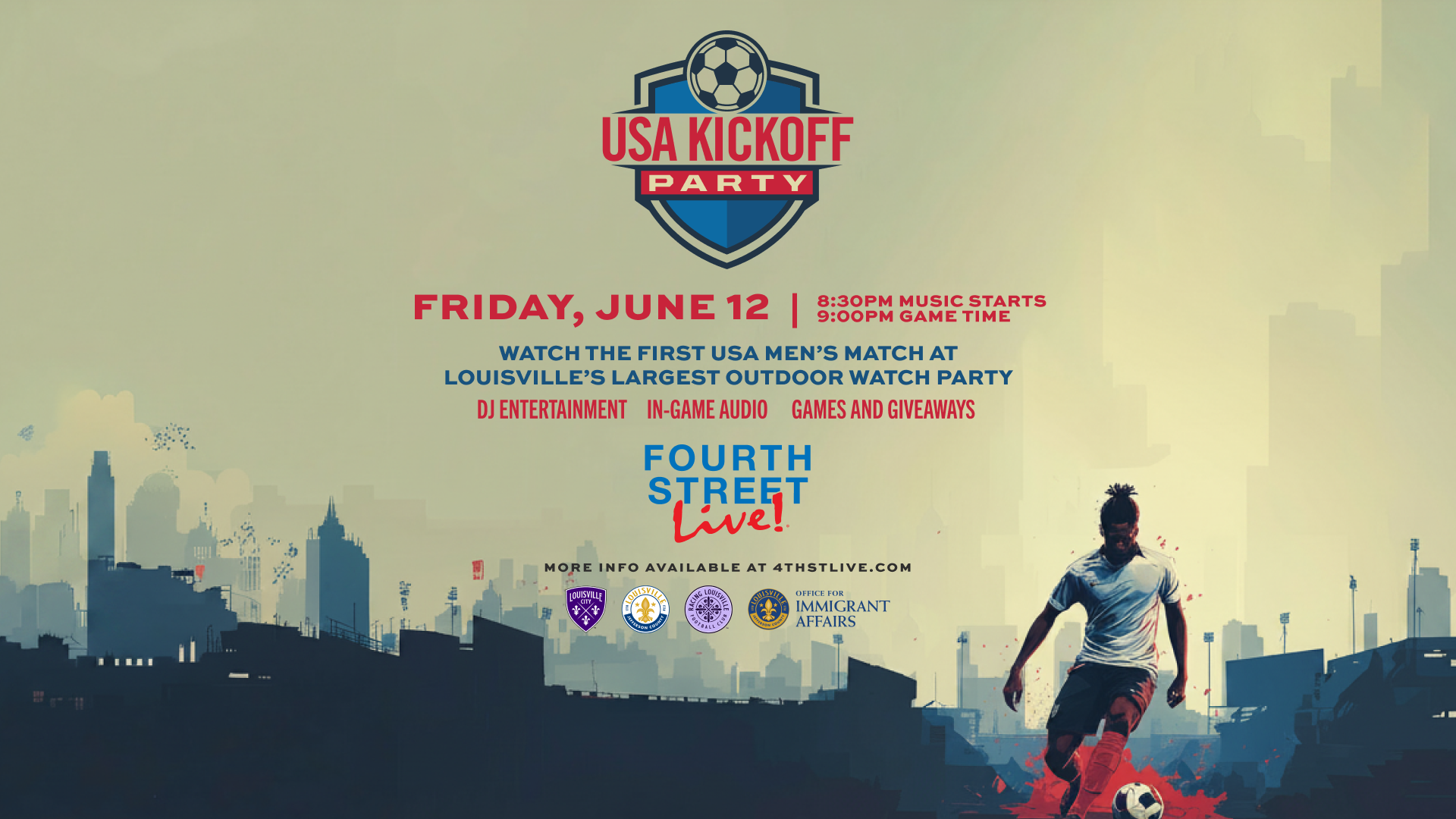 A graphic for the USA Kickoff Watch Party at 4th St. Live!