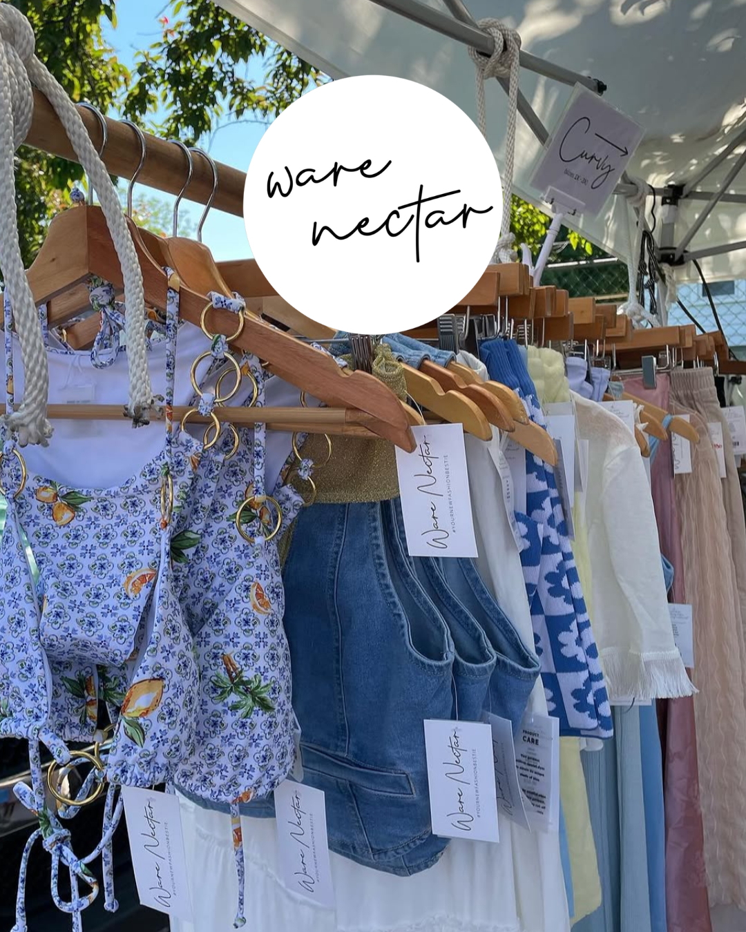 An image of clothes from Ware Nectar hanging on a rack.
