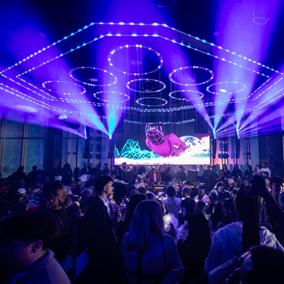 Guests enjoying DJ set performance and light show at Mosaic in the Power & Light District, Kansas City, MO. 