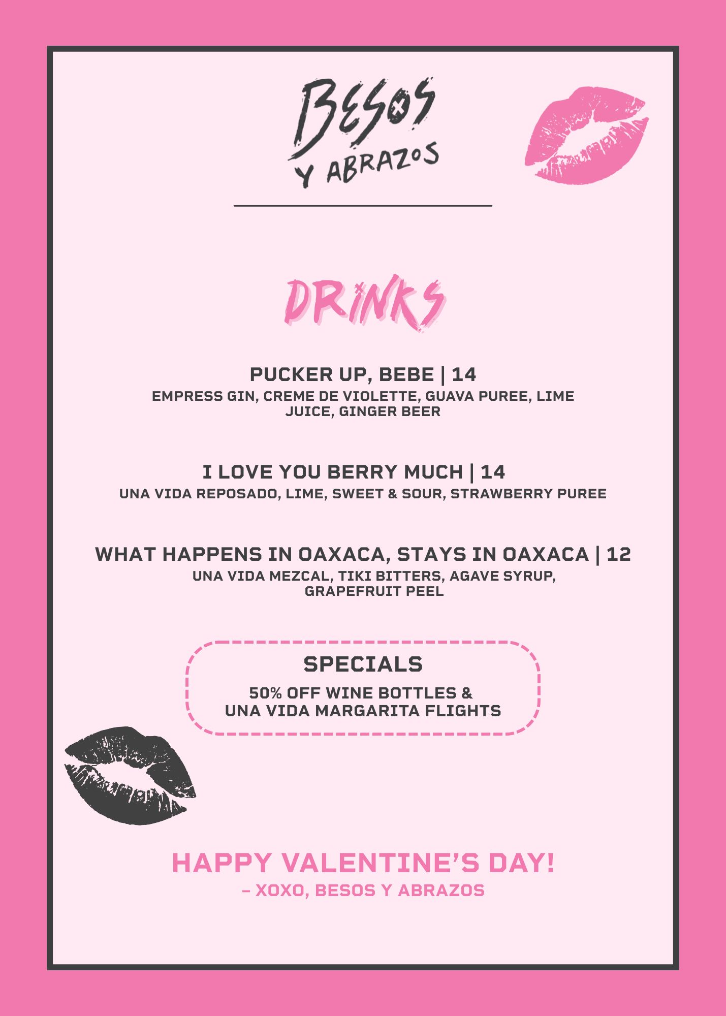 Besos Valentines Day Drink Menu
