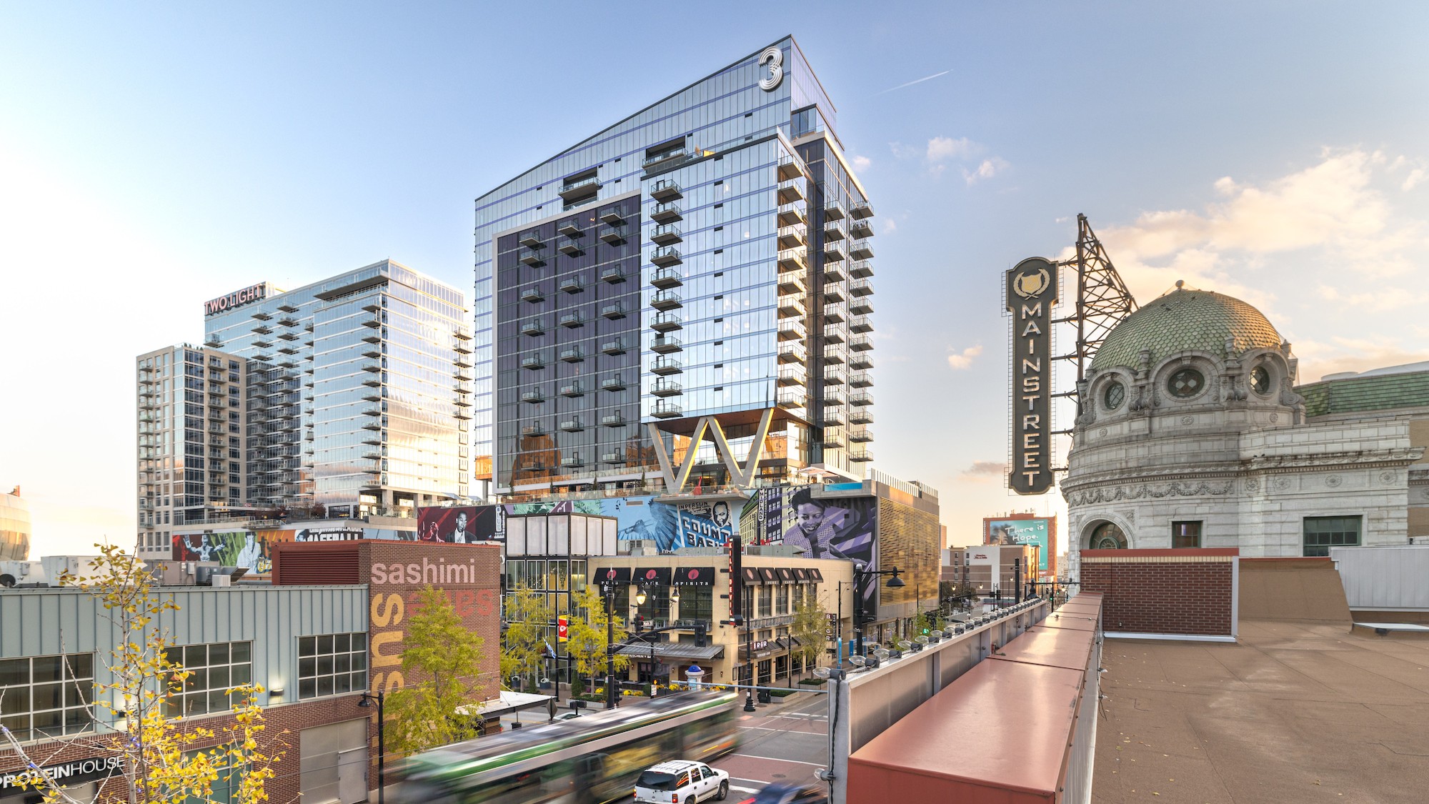 Power and Light District luxury residential apartment buildings in the Kansas City, MO skyline.