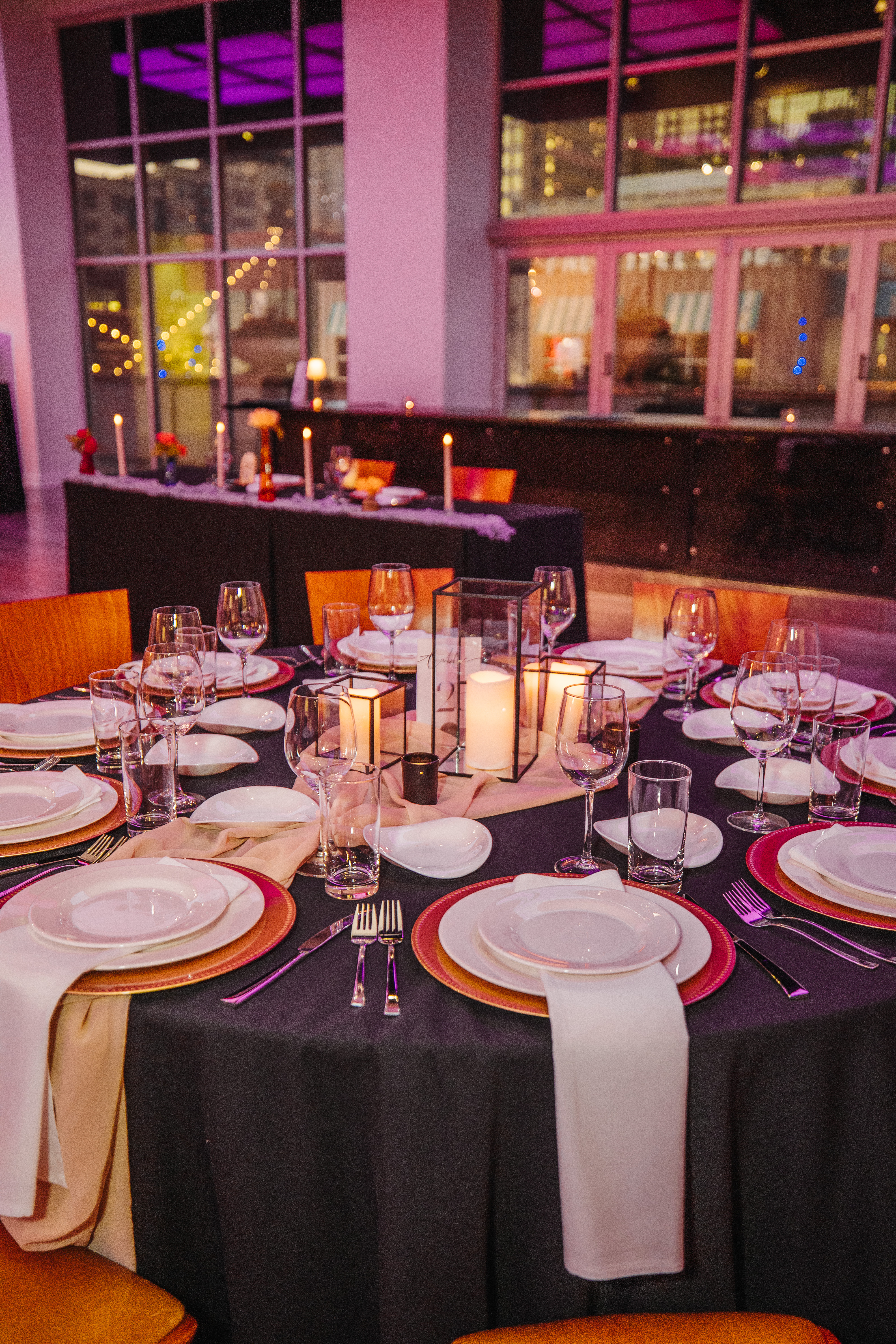 Full table set for a wedding at The Gallery. 