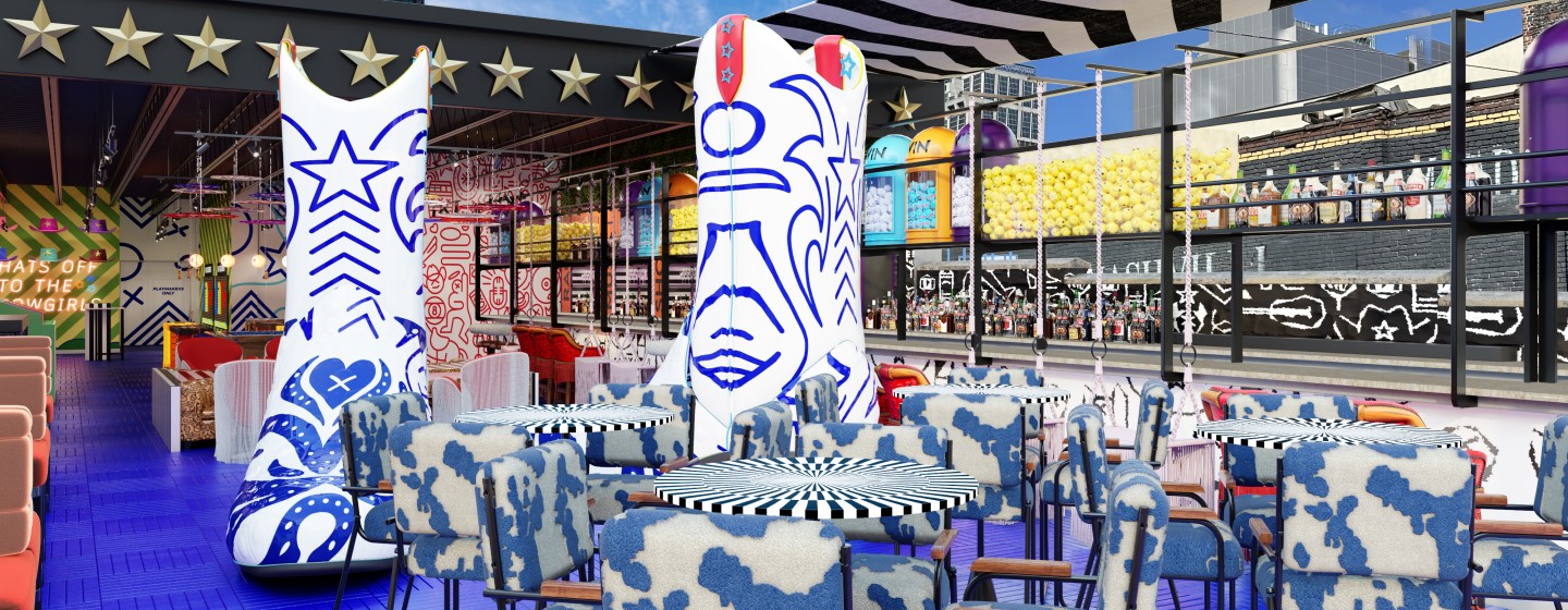 Rooftop bar and high-top tables area with giant blue and white cowboy boots at Play Playground at Nashville Live!