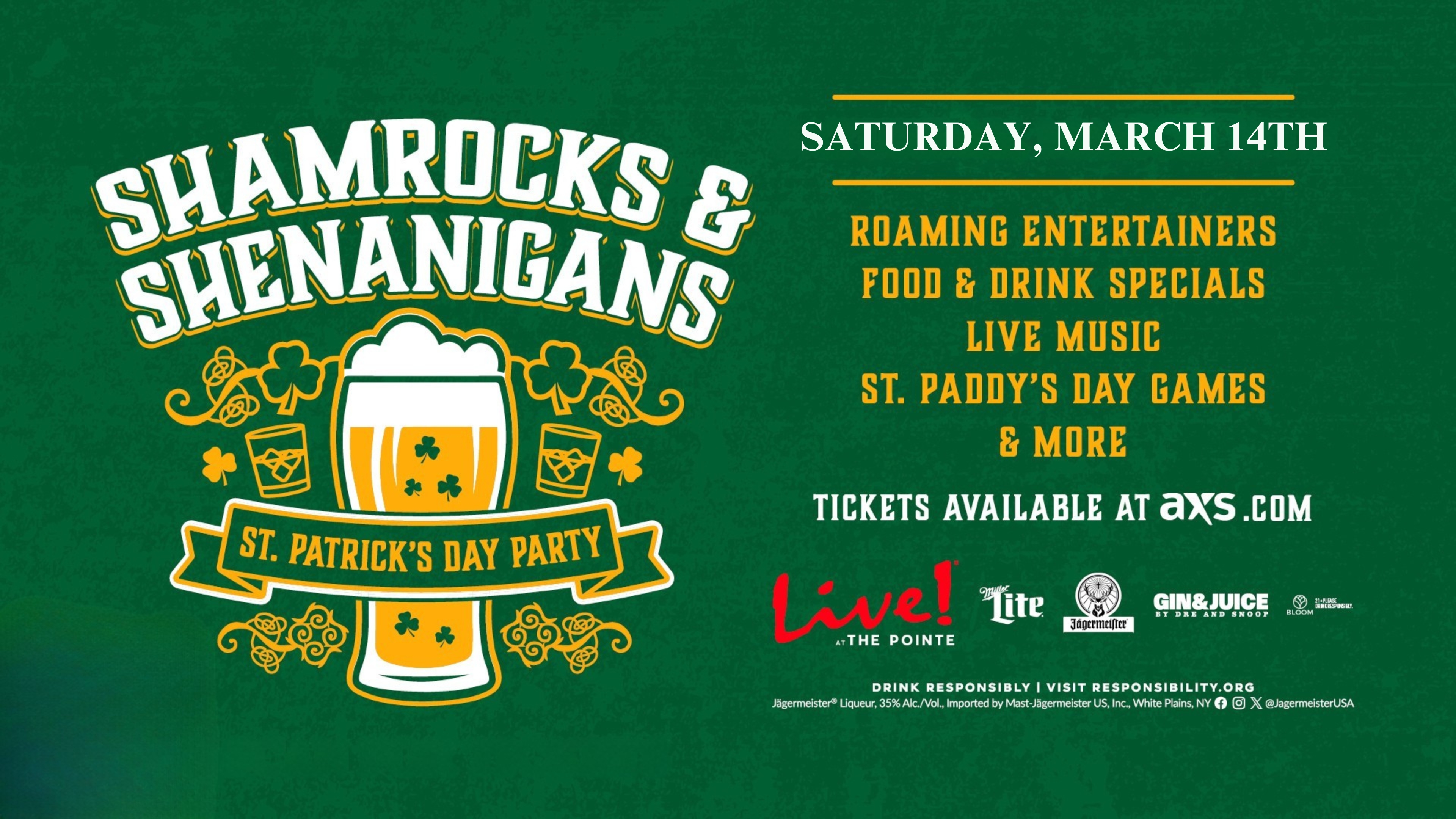 shamrocks and shenanigans st. patricks day party march 14th 2026 