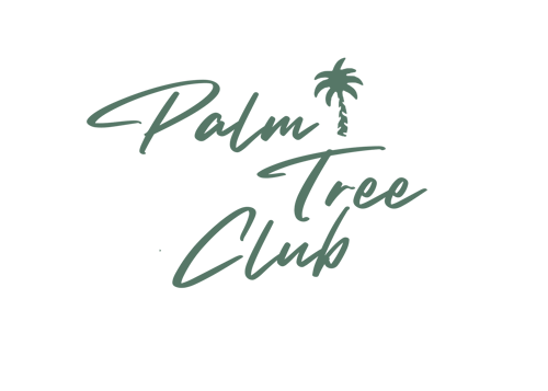 Palm Tree Club sage green logo with stacked script text and palm tree.