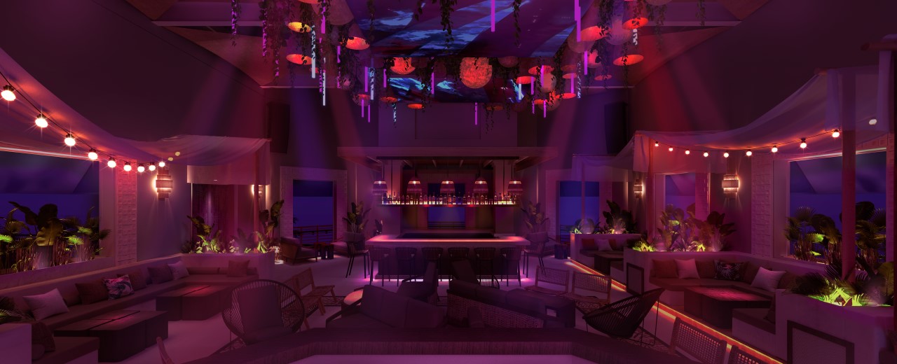 Palm Tree Club lounge at night.