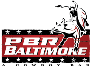 PBR Baltimore black and red logo with "A Cowboy Bar" text and cowboy on bull graphic.