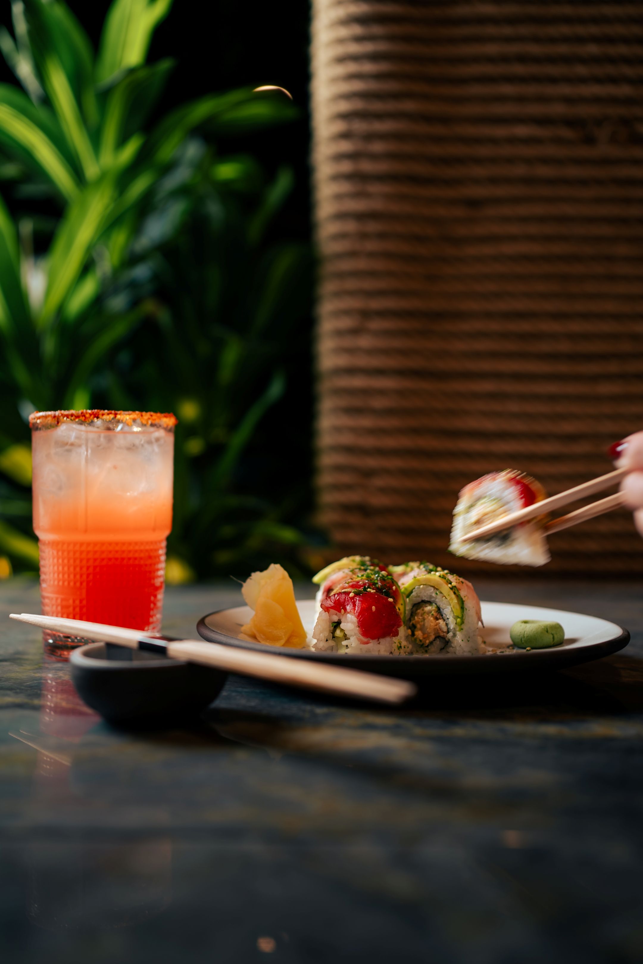 Sushi roll and cocktail.