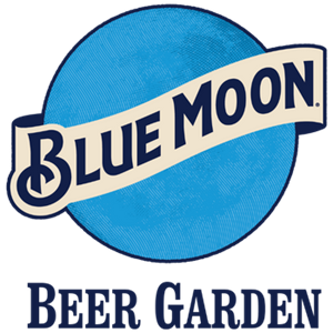 Blue Moon Beer Garden color logo with text over moon.