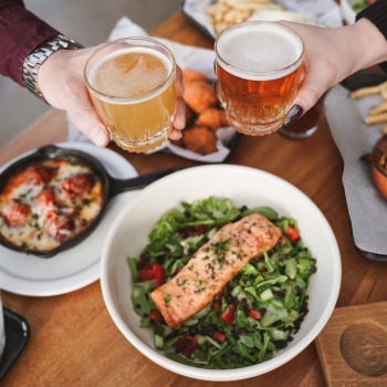 Beer cheers and salmon salad