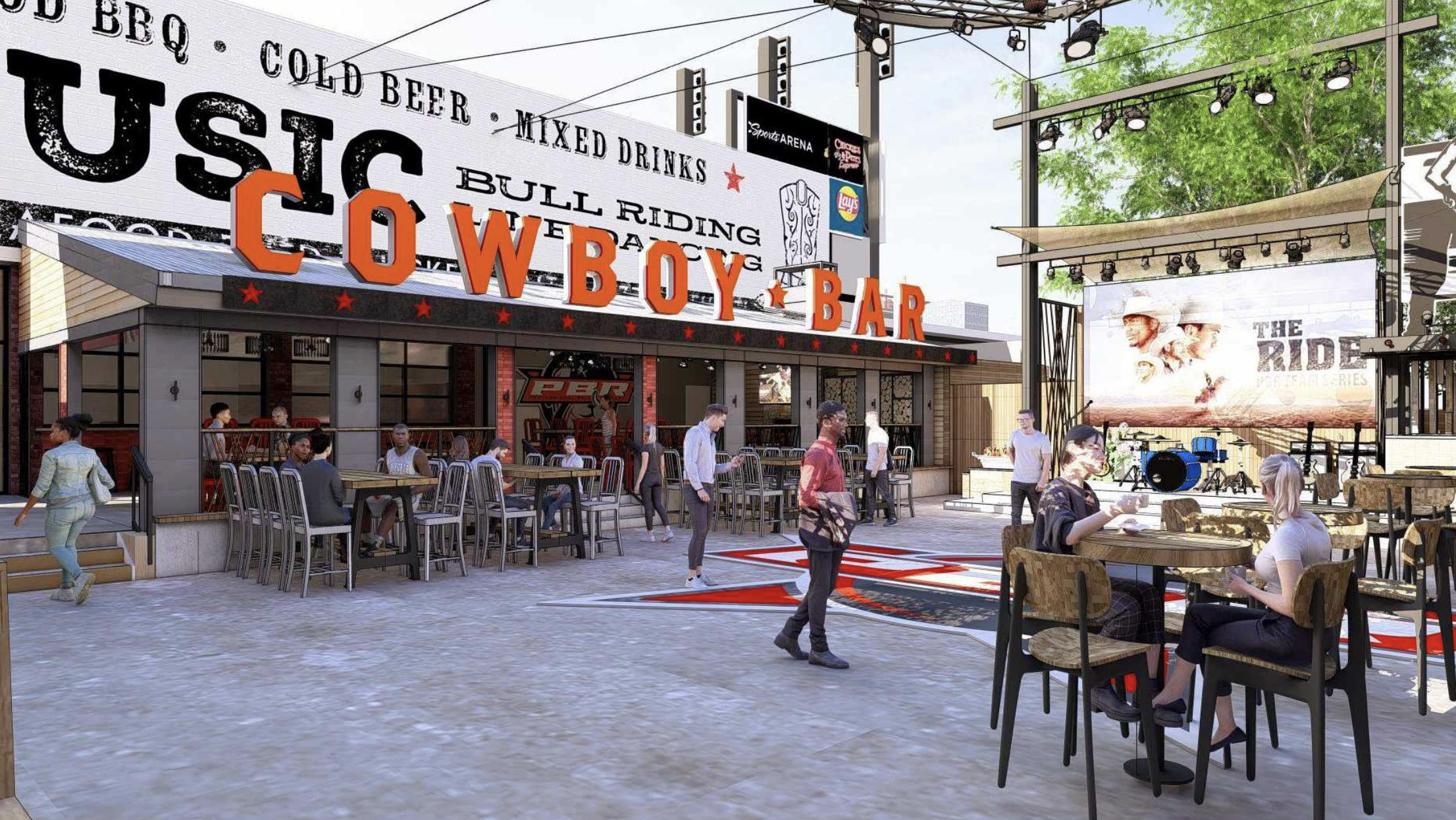 Rendering of PBR Cowboy Bar patio of expanded Stateside Live!