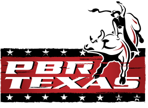 PBR Texas red and black logo with text and cowboy on a bull graphic.