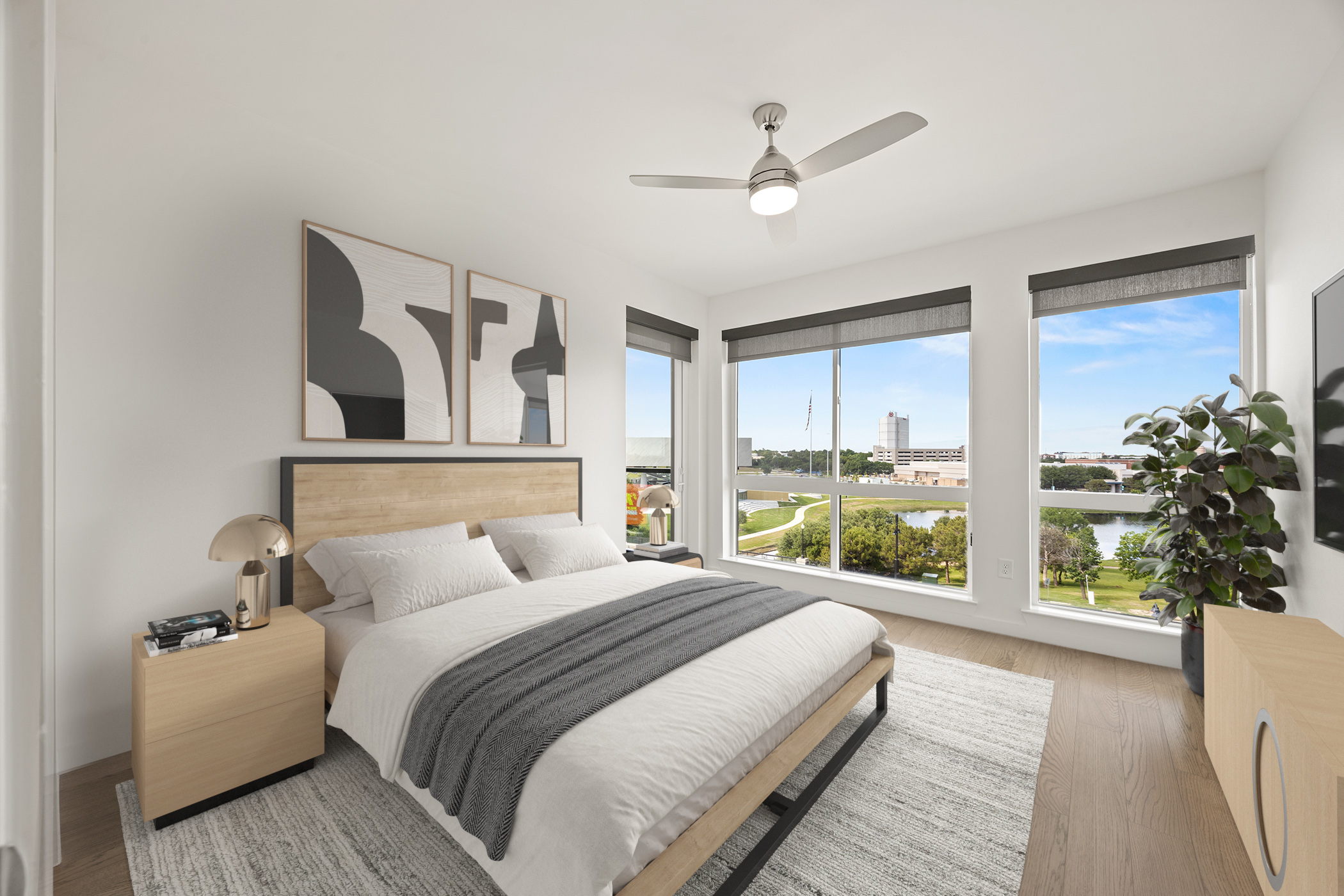 Furnished bedroom with water view at One Rangers Way