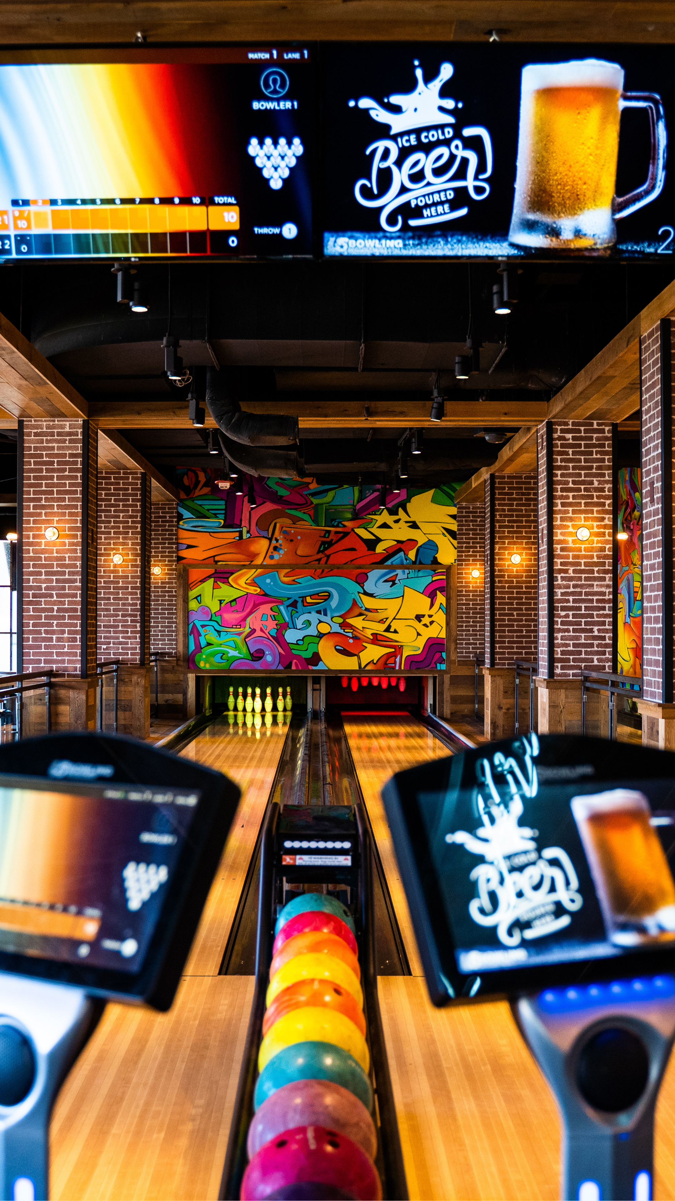 Colorful bowling lane at Sports & Social at Texas Live!