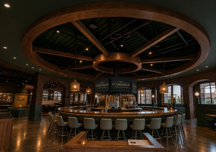 Rendering of bar at The Clydesdale tavern restaurant Ballpark Village, St. Louis, MO.