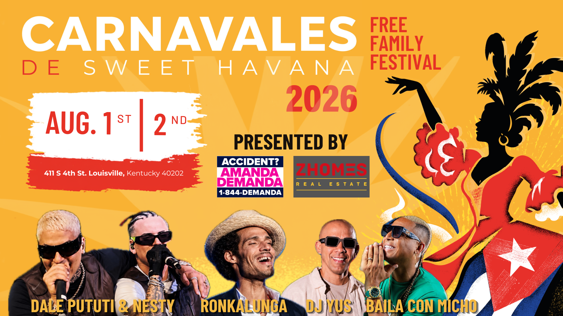 A orange graphic for Carnavles de Sweet Havana 2026 with photos of performers on it. 