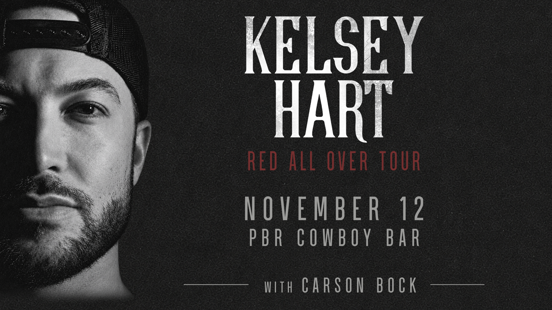 A graphic for Kelsey Hart's Red All Over Tour show with his face on it, and red and white font.