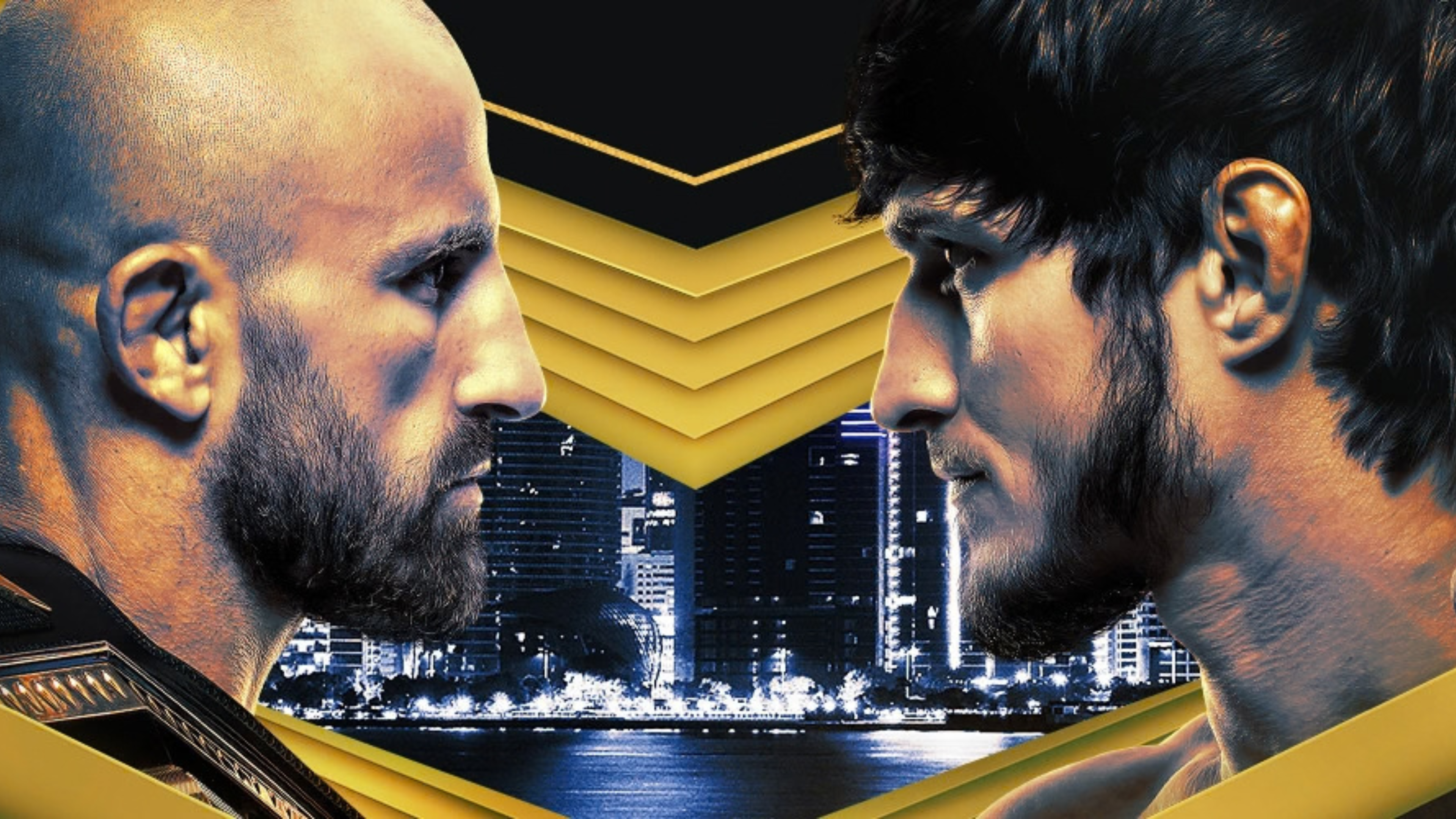 A graphic with yellow and black coloring and tint, with just the side profile of Volkanovski and Evloev on either side of the graphic and looking straight at each other.