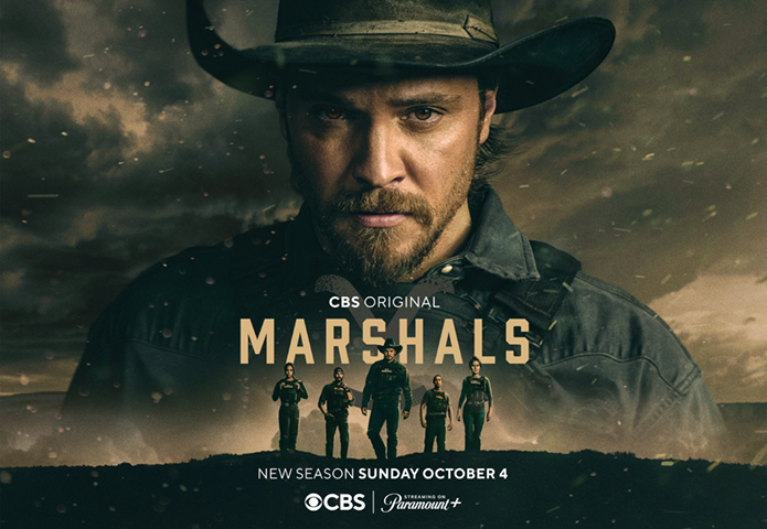 A graphic for CBS Marshal tv show with yellow font that says "Marshals" in the center, along with 5 men standing below and one guy above, that takes up half the graphic.
