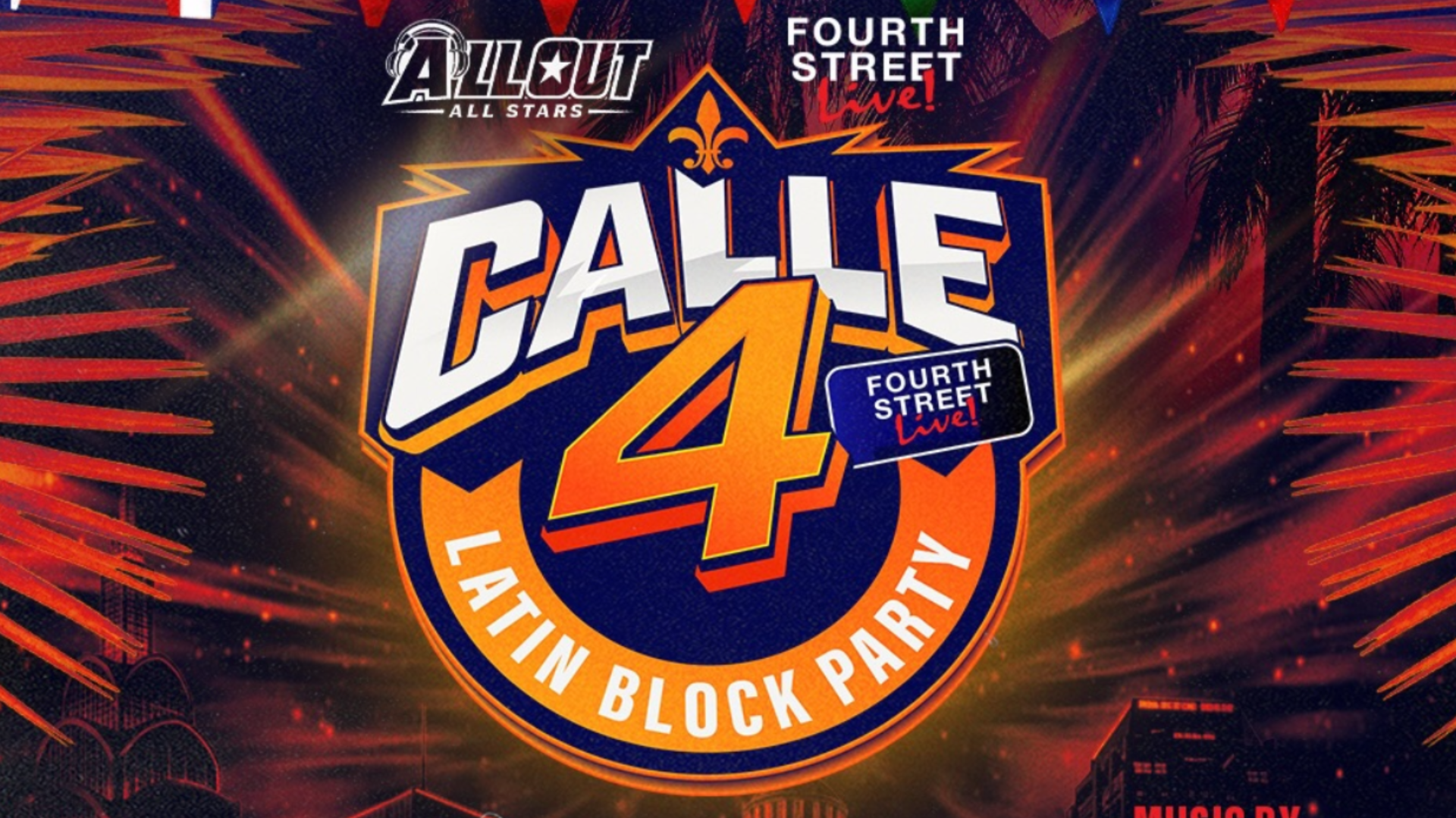 A blue and orange graphic for Calle 4, with the words "Calle 4" in big centered font, and the words "Latin Block Party" underneath.