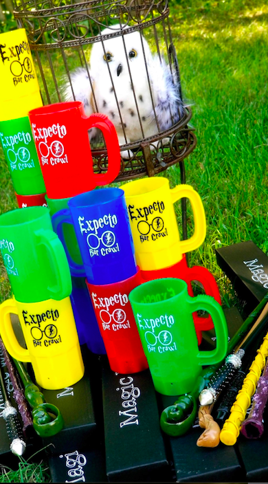 An image of a tower of Harry Potter colorful cups.