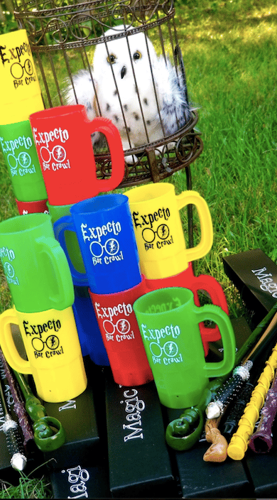 An image of a tower of Harry Potter colorful cups.