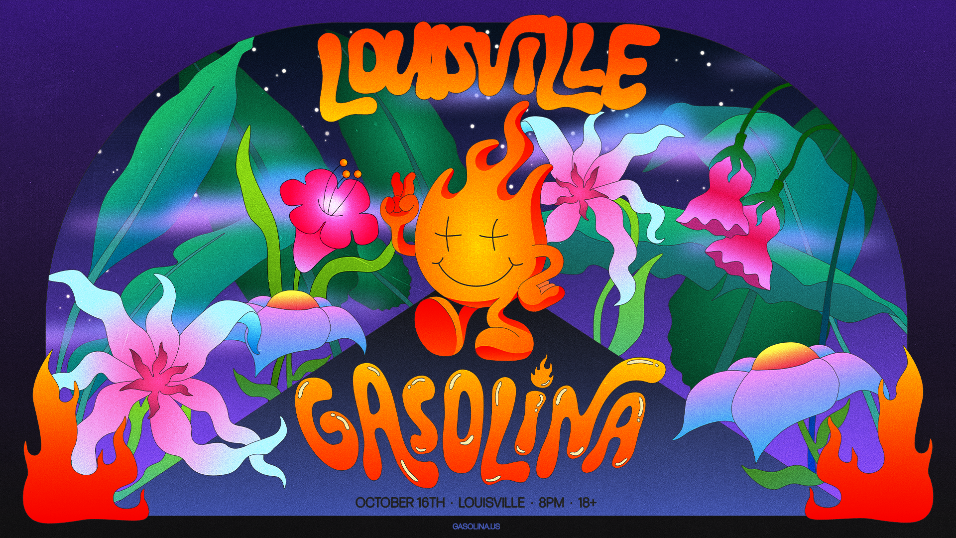 Graphic for Gasoline with the words "Louisville Gasolina" in big, orange font and a little flame character.