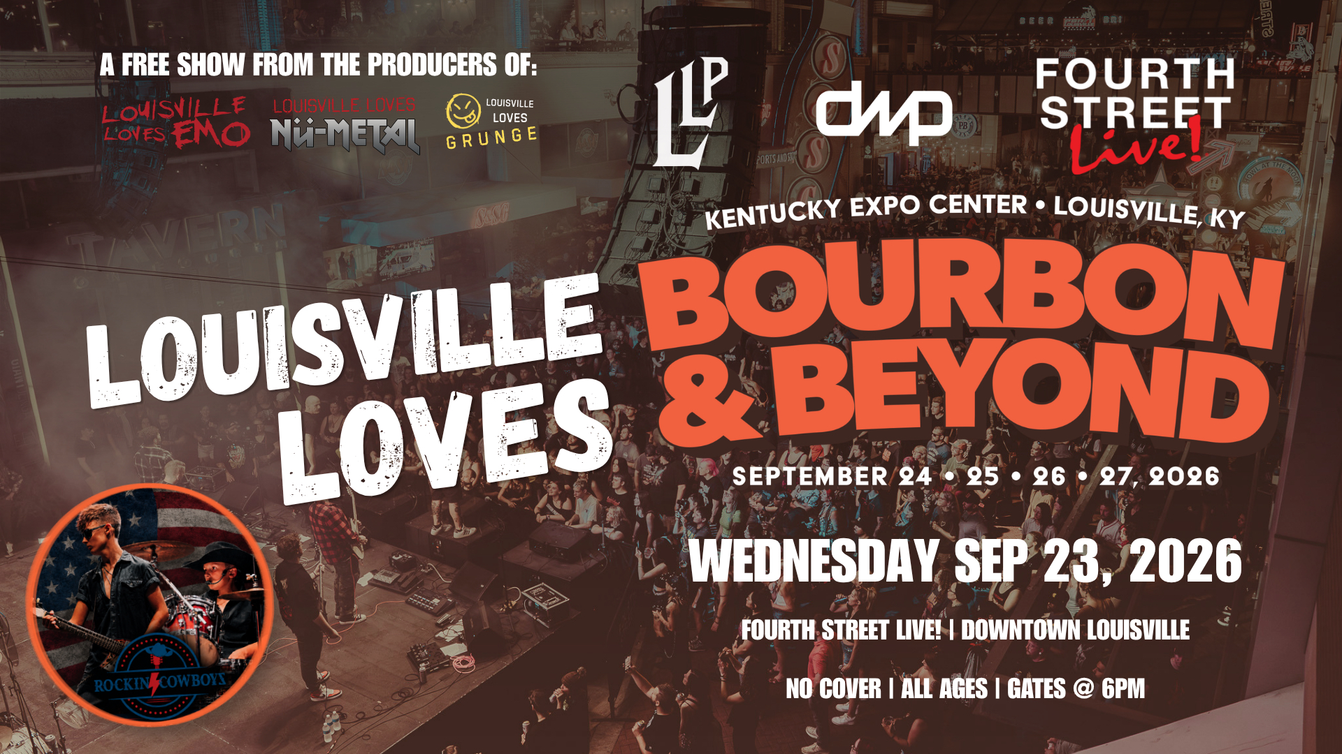 A graphic for Louisville loves bourbon and beyond with orange and white font and a picture of a packed crowd.