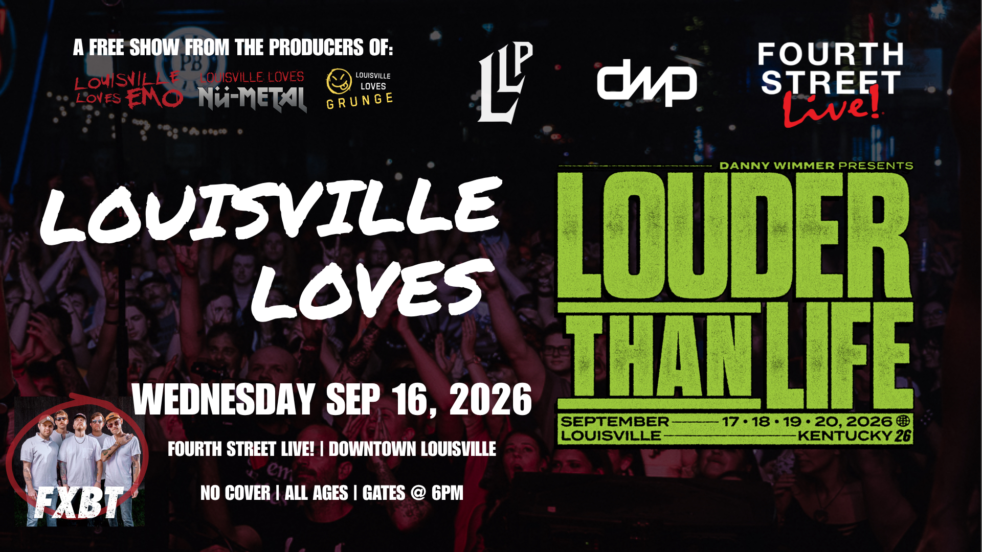A graphic for Louisville Loves Louder Than Life with green and white text.