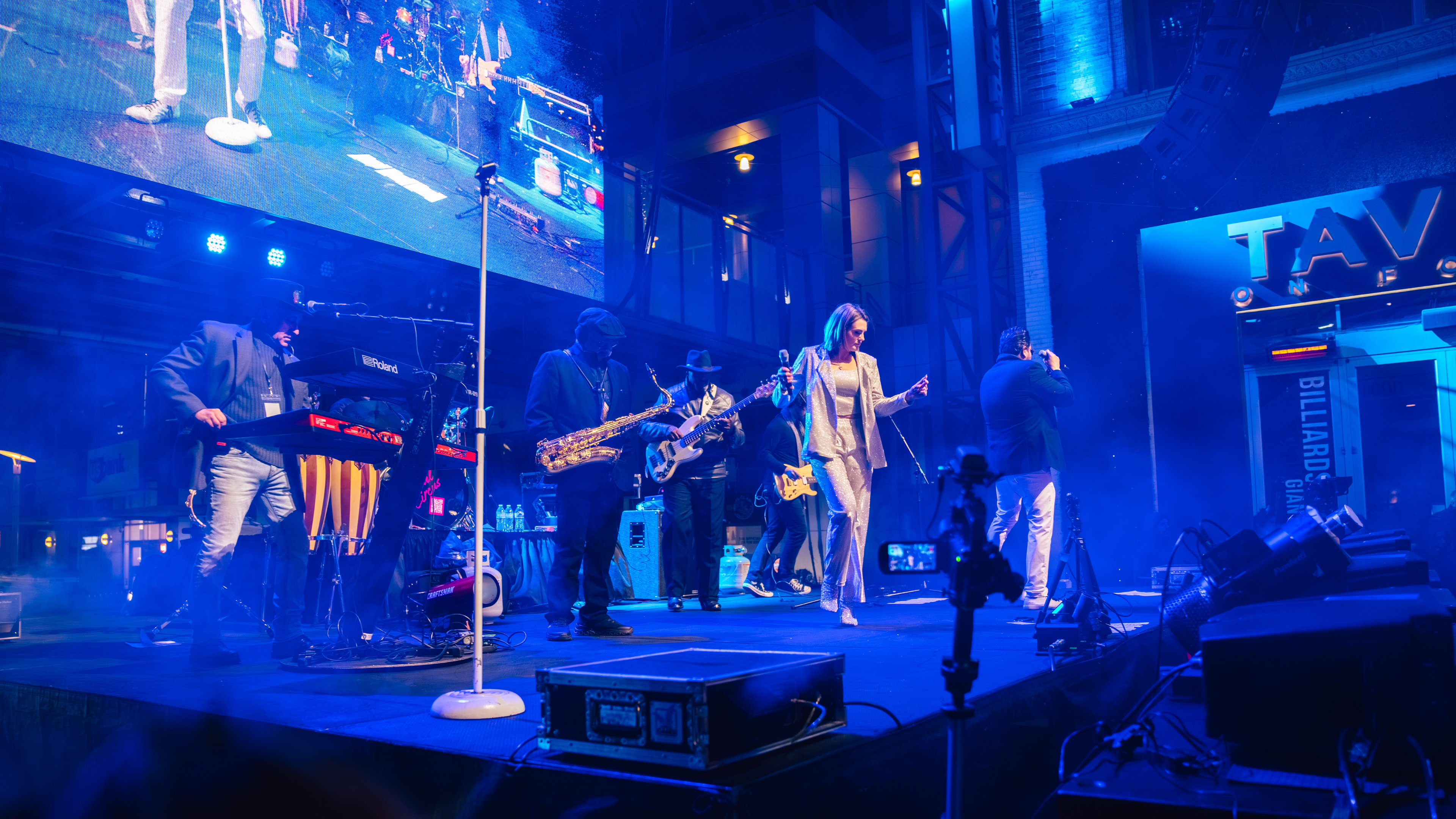 An image from the crowd's point of view of the Soul Circus band performing at NYE Live!