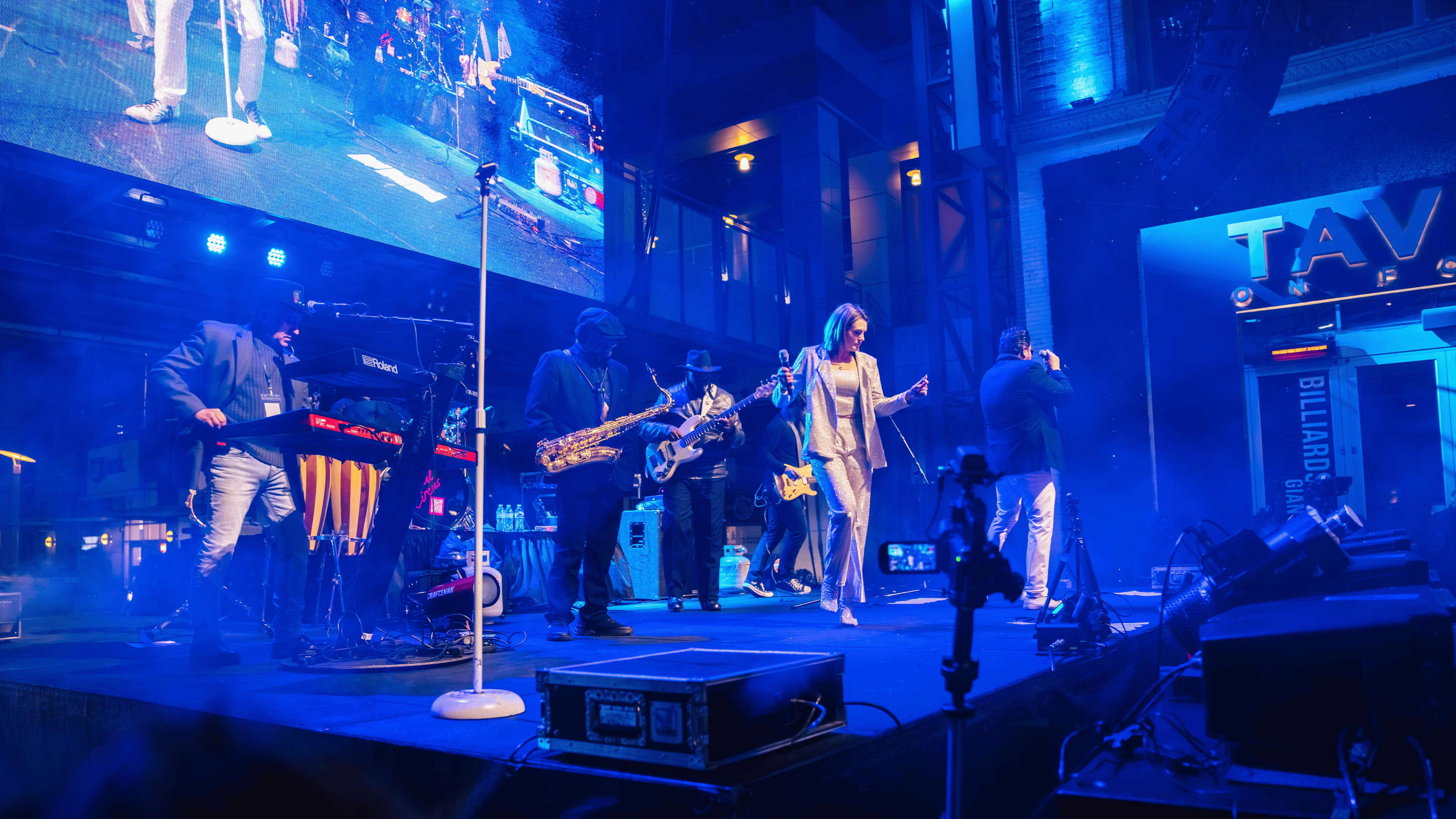 An image from the crowd's point of view of the Soul Circus band performing at NYE Live!