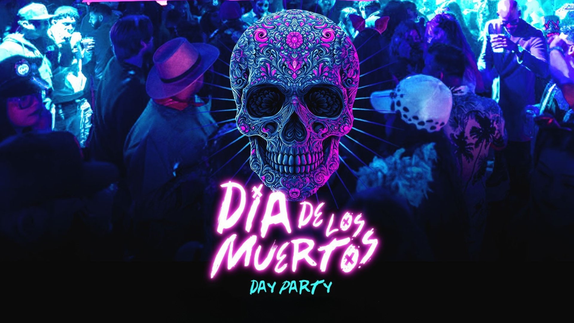 A neon flyer with a skull and pink text featuring a white Besos y Abrazos logo.