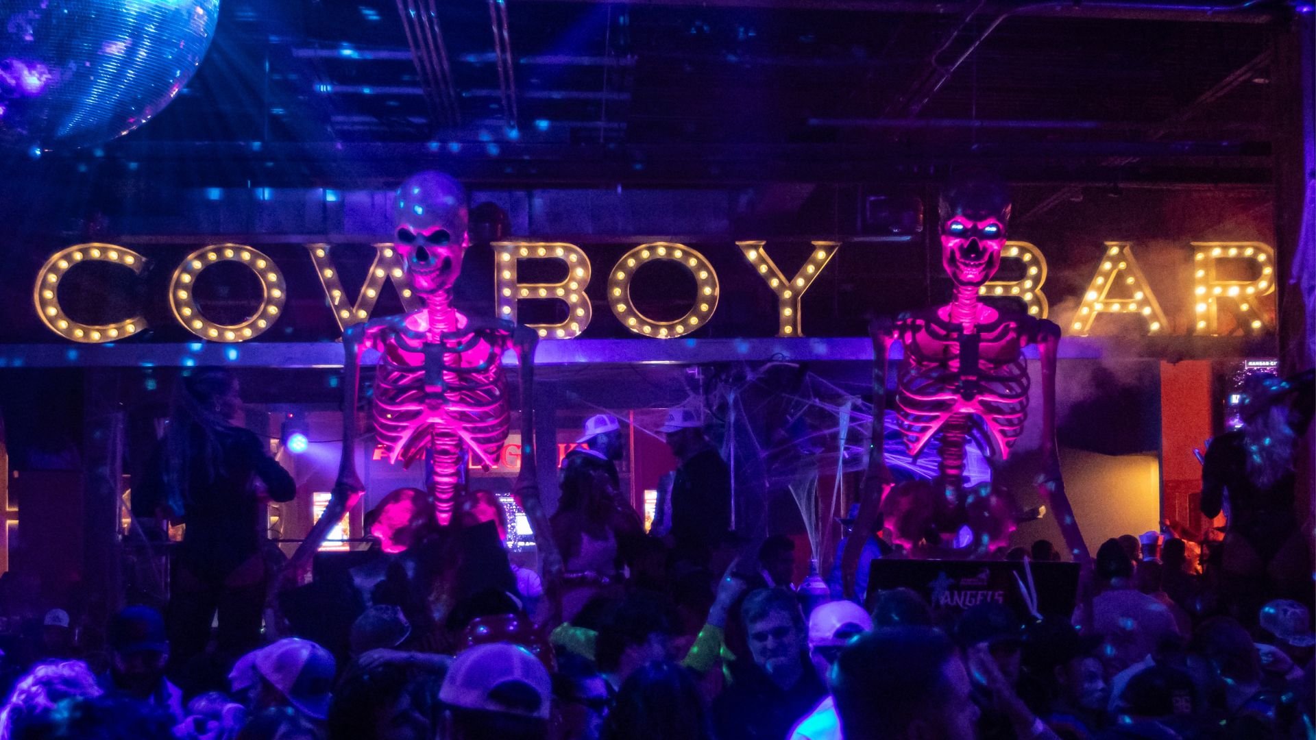 PBR Dancefloor with giant skeletons, full crowd, and ambient lighting