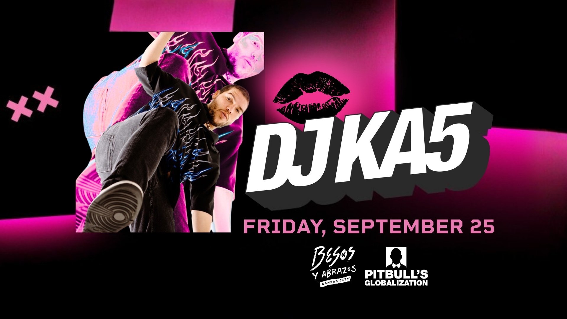 Pink and black flyer with a headshot of DJ KA5.