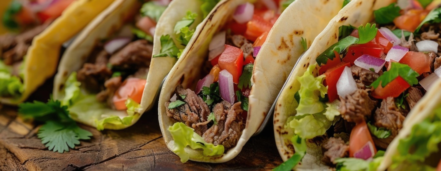 Row of beef soft tacos with fresh toppings.