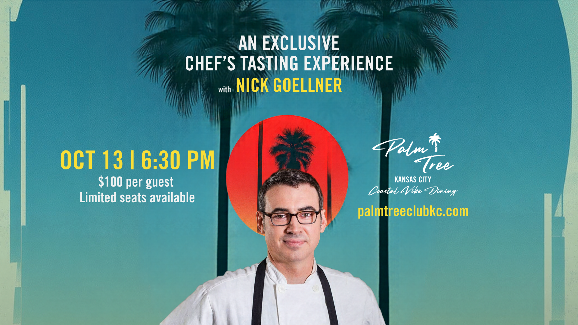 A tropical flyer with palm trees and headshots of Nick Goellner.,