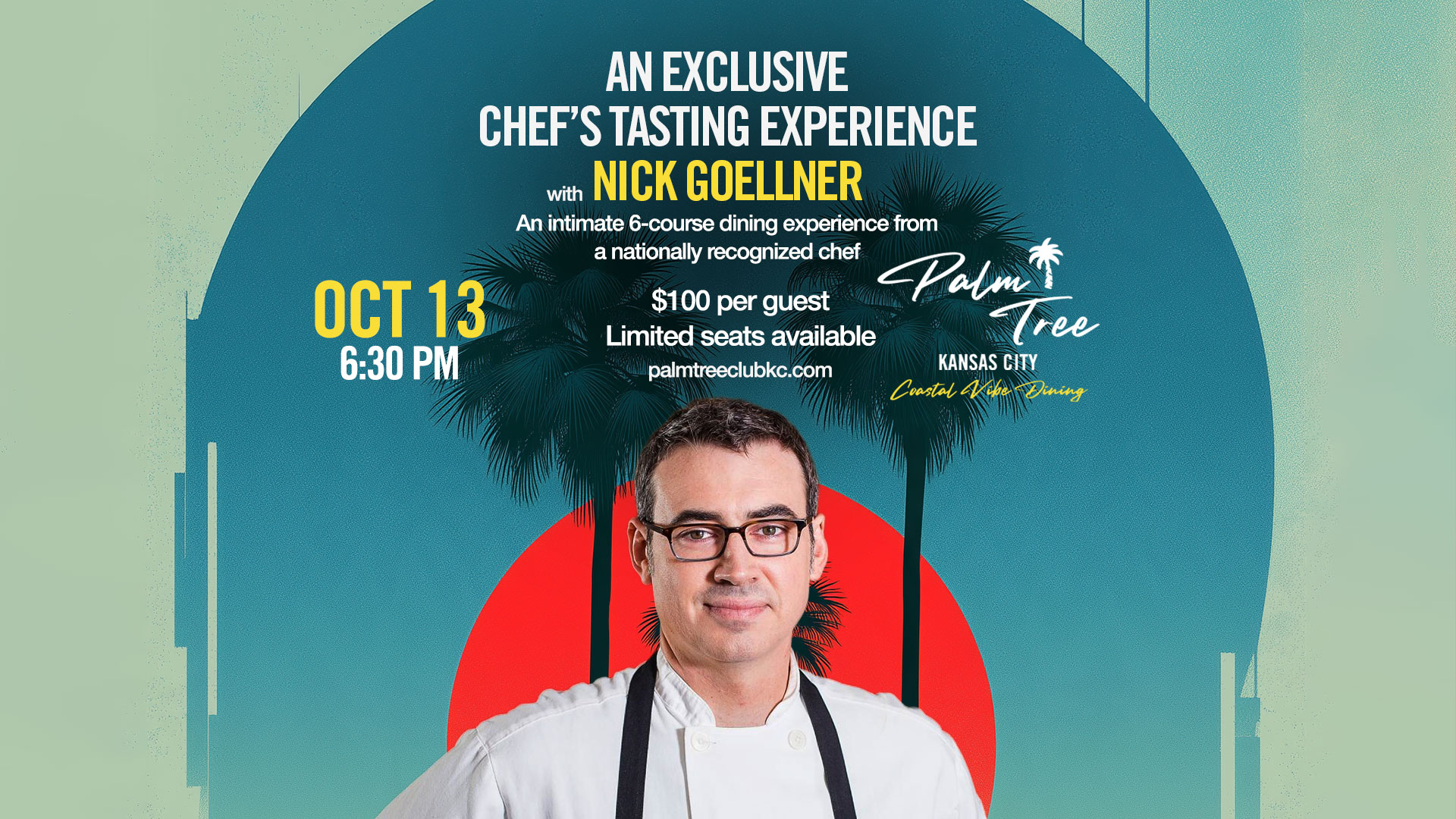 A tropical flyer with palm trees and headshots of Nick Goellner.,