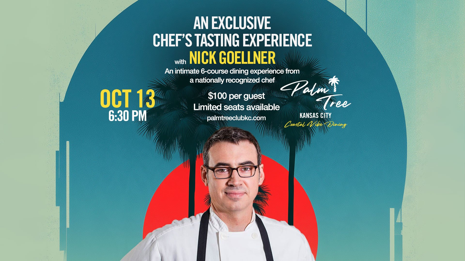 A tropical flyer with palm trees and headshots of Nick Goellner.,