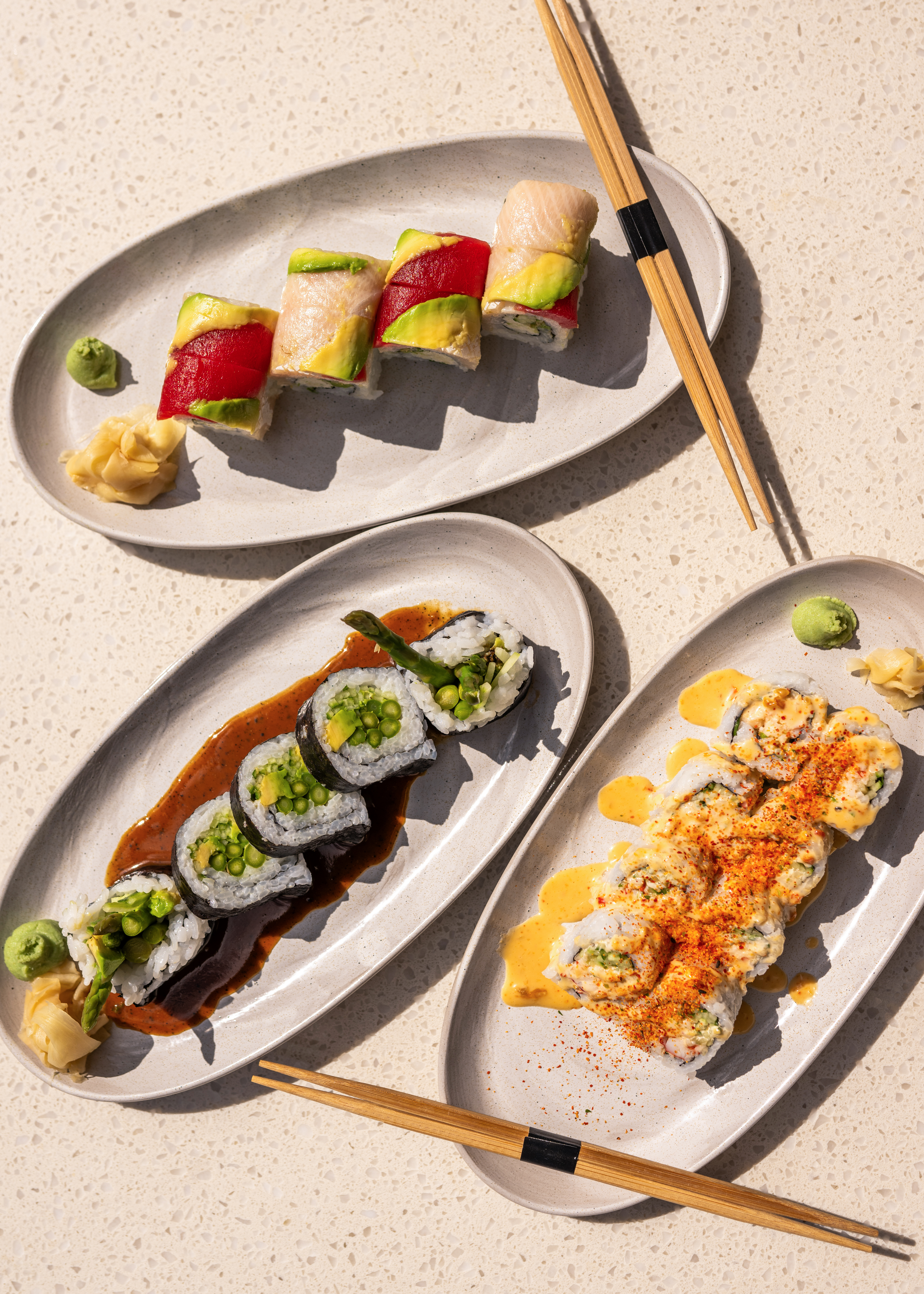 Vibrant sushi rolls at Palm Tree Club. 