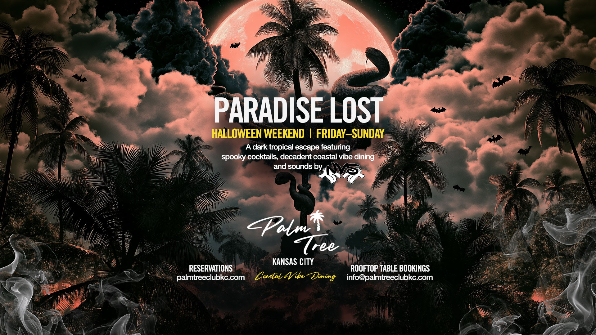 A dark flyer with a full moon, clouds, and snakes with a white Palm Tree KC logo.